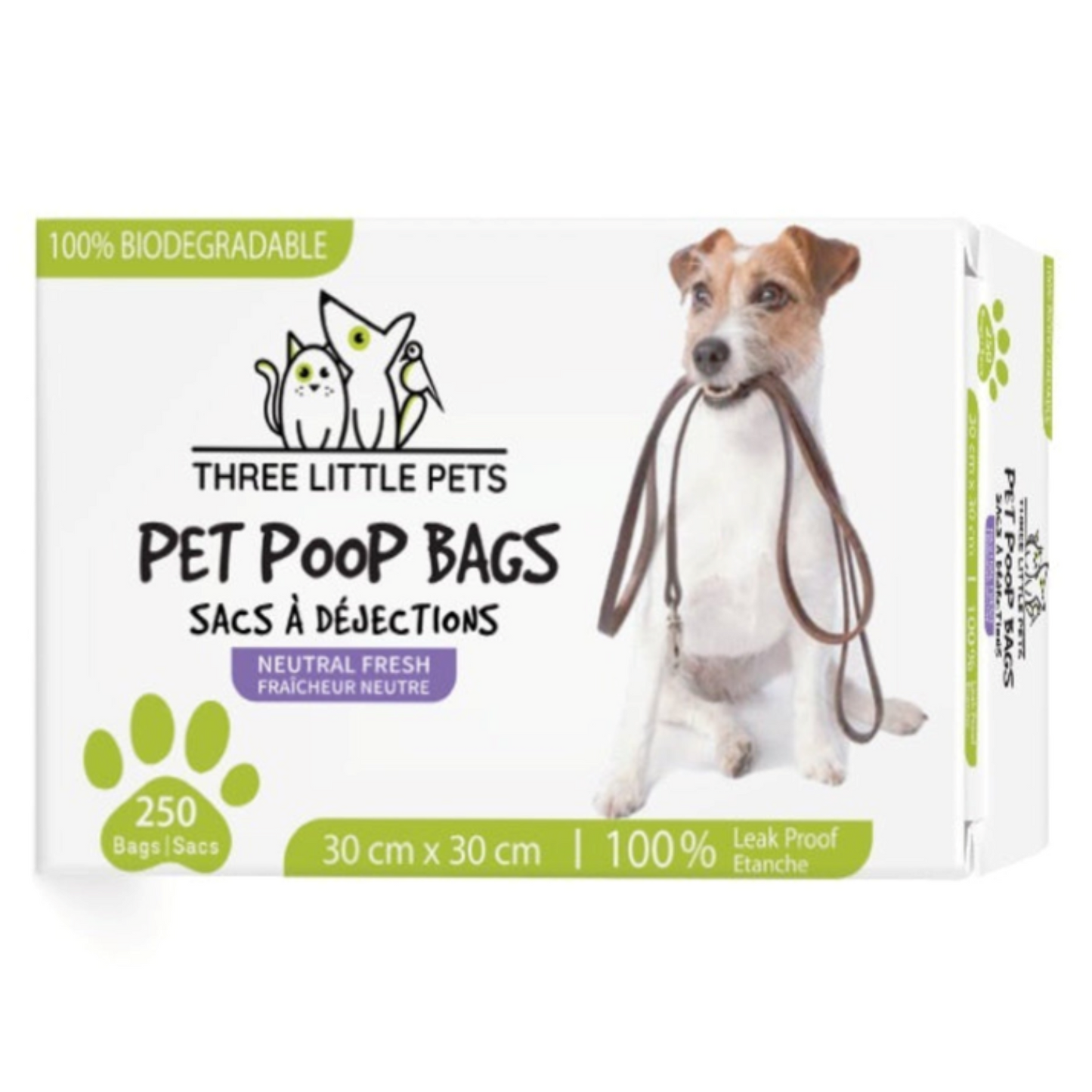 Eco-Friendly Poop Bags by Three Little Pets: Strong, biodegradable, leak-proof bags, dispenser-friendly and lightly scented.