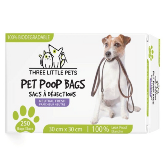 Eco-Friendly Poop Bags by Three Little Pets: Strong, biodegradable, leak-proof bags, dispenser-friendly and lightly scented.
