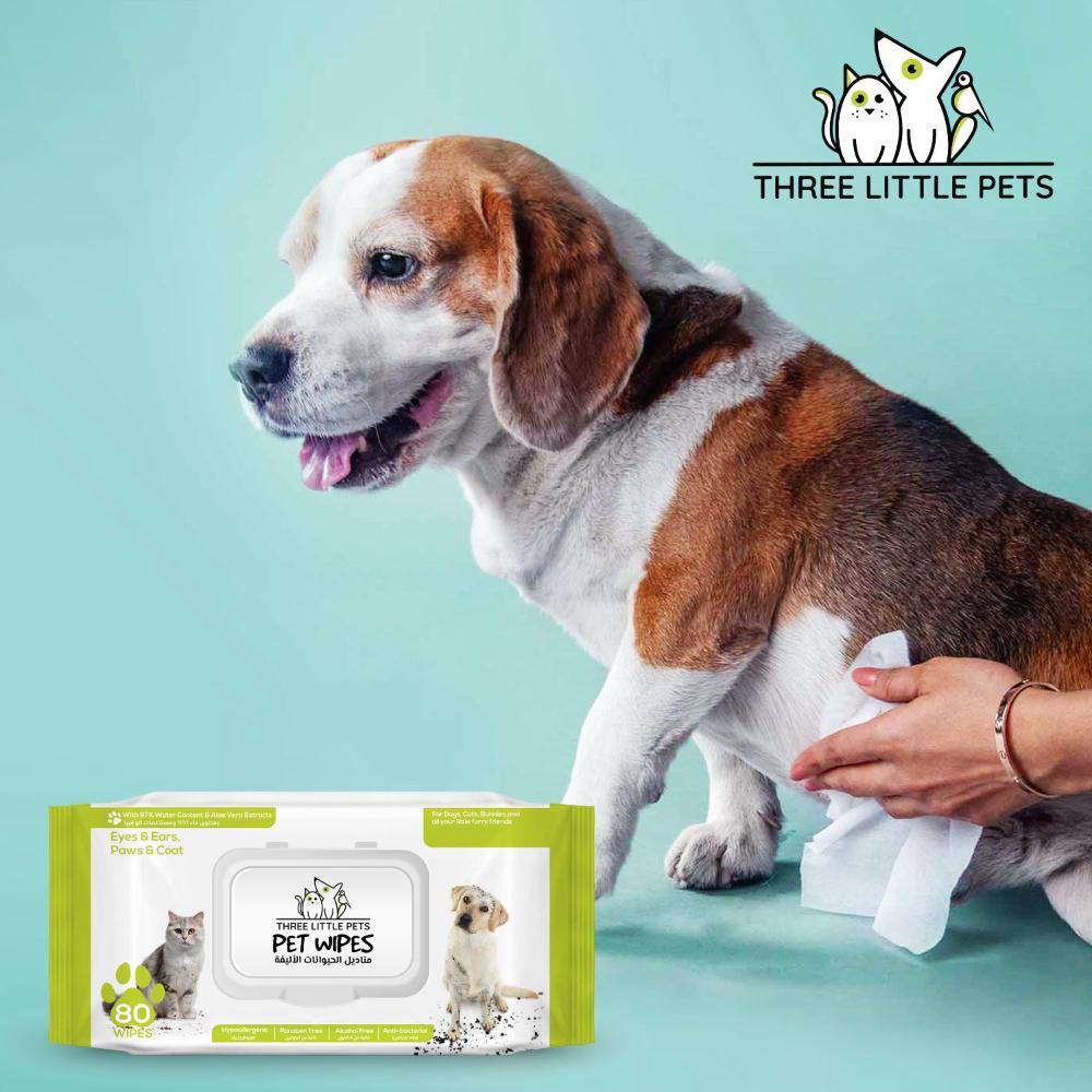 Three Little Pets Aloe Vera Pet Wipes: Antibacterial, hypoallergenic wipes made with 97% water, perfect for sensitive grooming.