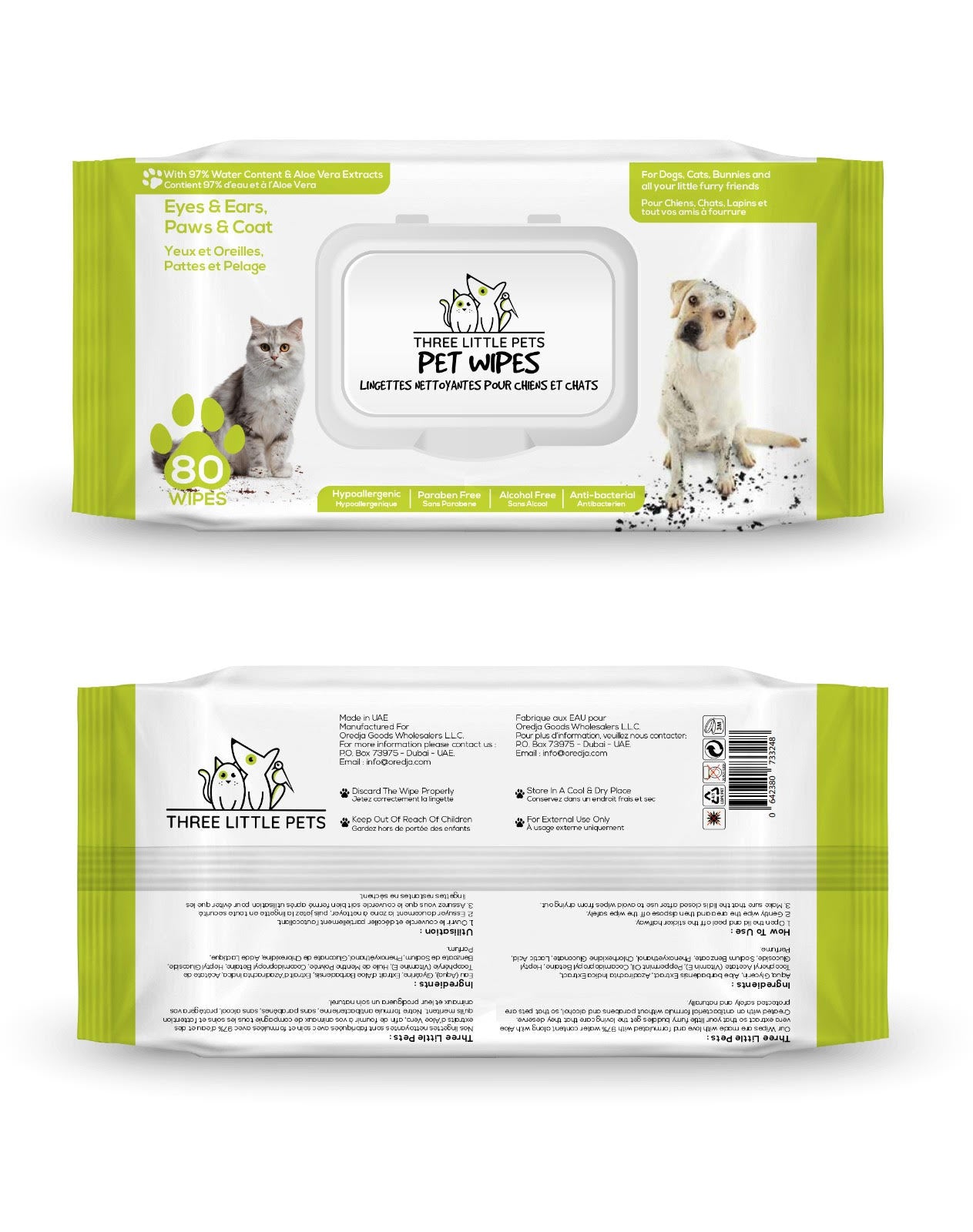 Three Little Pets Aloe Vera Pet Wipes: Antibacterial, hypoallergenic wipes made with 97% water, perfect for sensitive grooming.