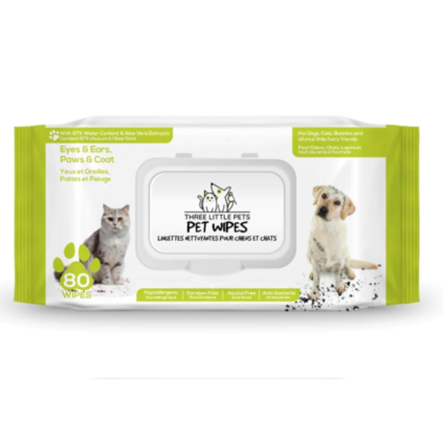 Three Little Pets Aloe Vera Pet Wipes: Antibacterial, hypoallergenic wipes made with 97% water, perfect for sensitive grooming.